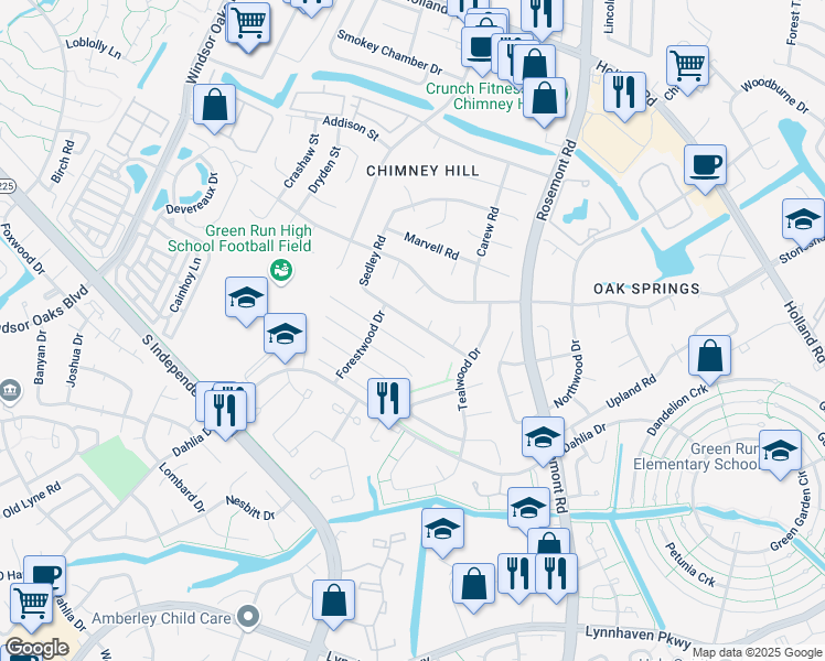 map of restaurants, bars, coffee shops, grocery stores, and more near 951 Sedley Road in Virginia Beach