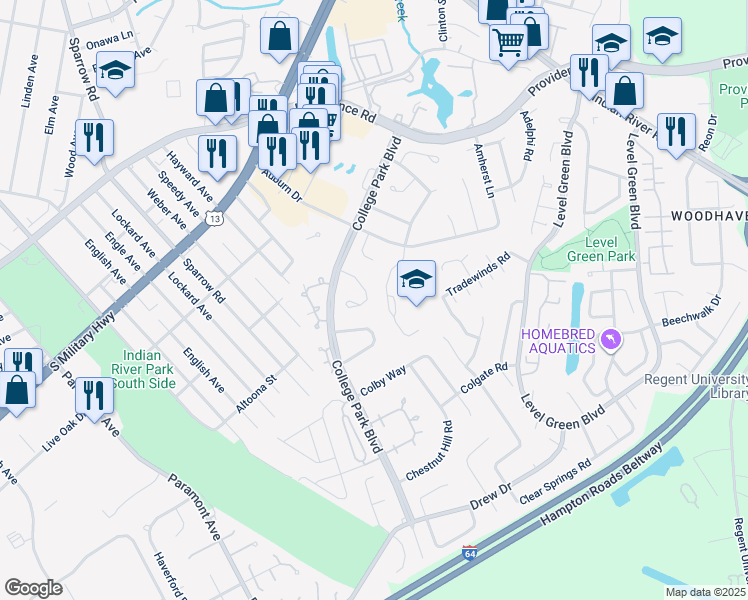 map of restaurants, bars, coffee shops, grocery stores, and more near 6328 Barnard Way in Virginia Beach