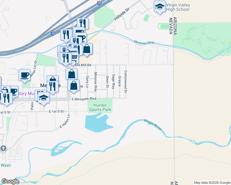 map of restaurants, bars, coffee shops, grocery stores, and more near 48 Sage Way in Mesquite