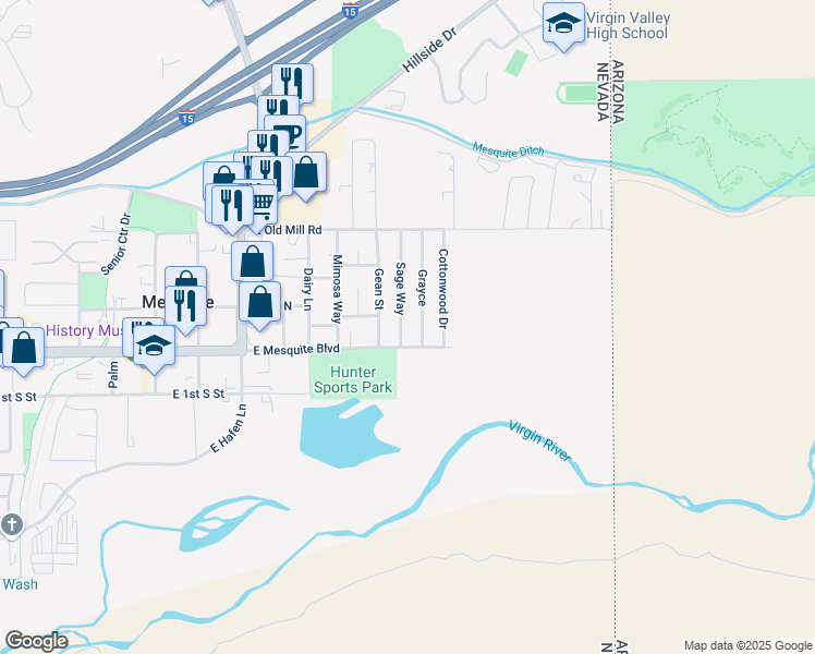 map of restaurants, bars, coffee shops, grocery stores, and more near 48 Sage Way in Mesquite