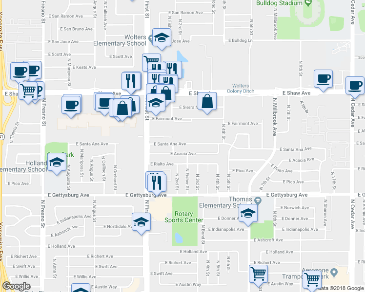 map of restaurants, bars, coffee shops, grocery stores, and more near 3238 East Santa Ana Avenue in Fresno