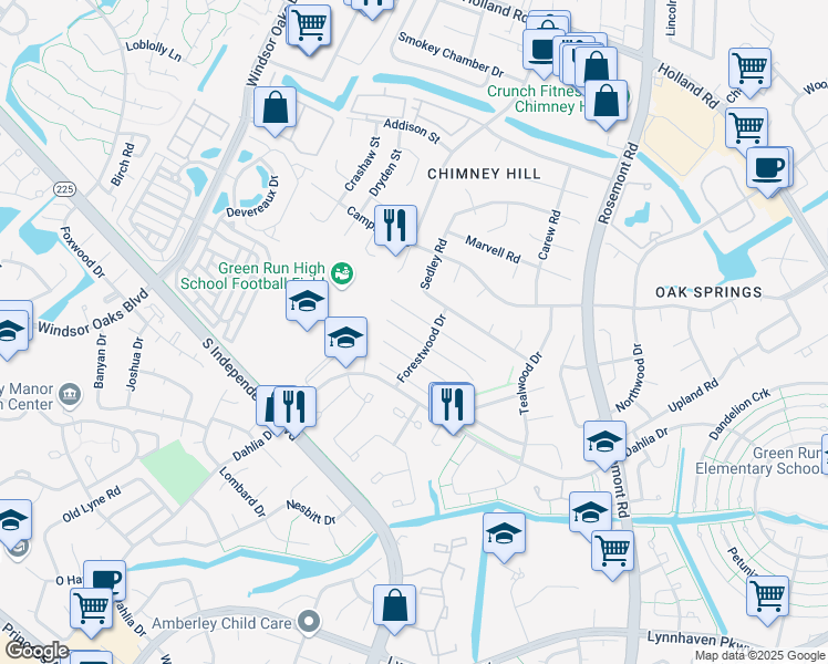 map of restaurants, bars, coffee shops, grocery stores, and more near 3860 Danville Court in Virginia Beach