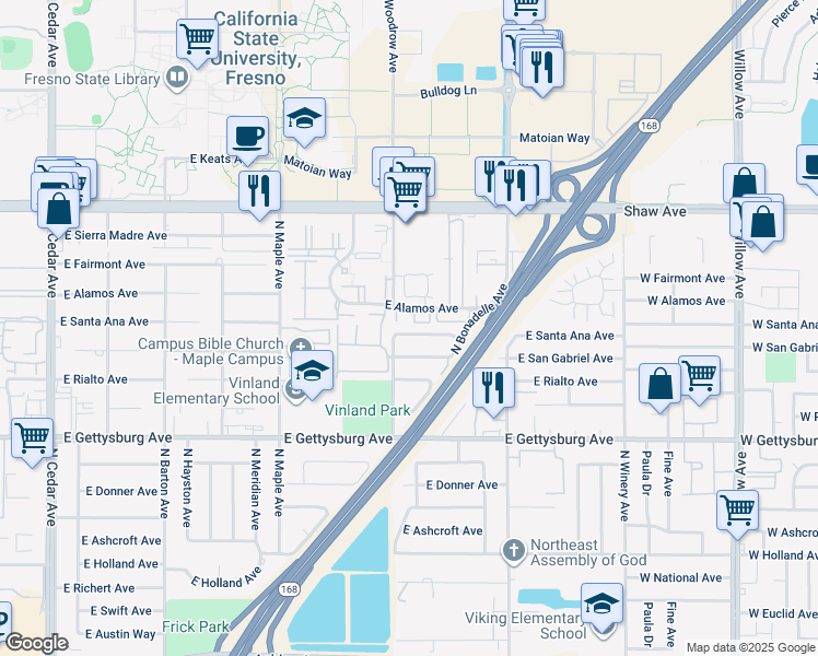 map of restaurants, bars, coffee shops, grocery stores, and more near 4727 East Alamos Avenue in Fresno