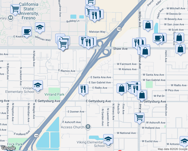 map of restaurants, bars, coffee shops, grocery stores, and more near 4853 North Winery Circle in Fresno