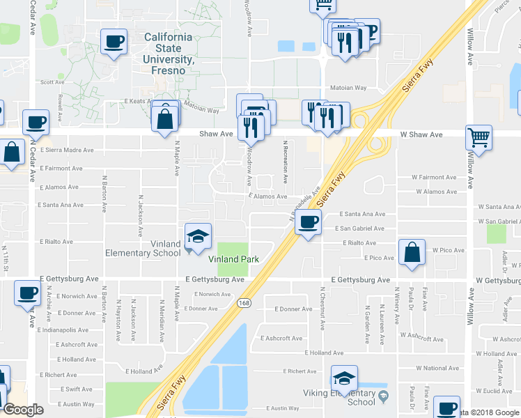 map of restaurants, bars, coffee shops, grocery stores, and more near 4727 East Alamos Avenue in Fresno