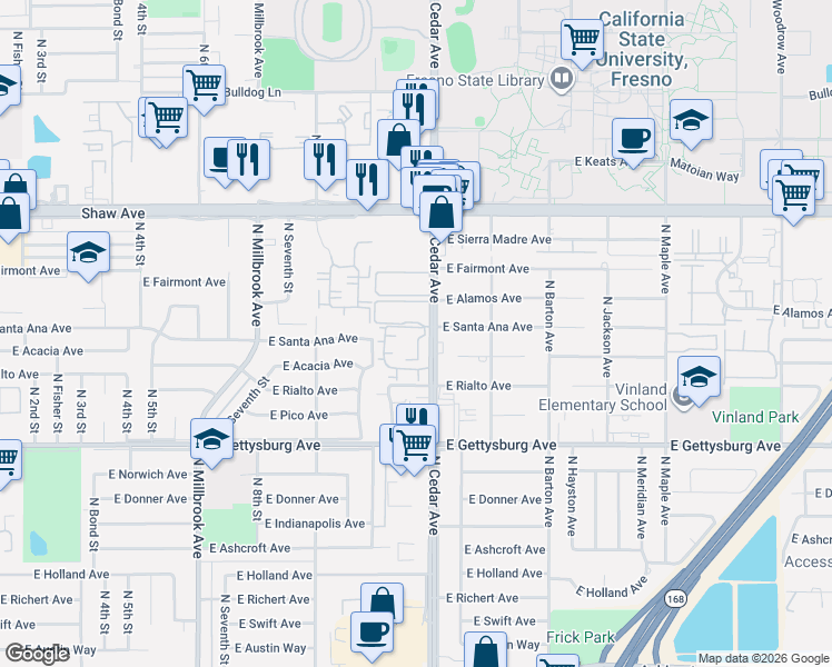 map of restaurants, bars, coffee shops, grocery stores, and more near 4835 North Cedar Avenue in Fresno
