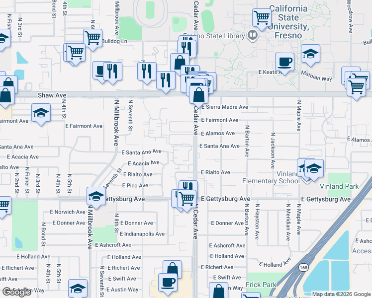 map of restaurants, bars, coffee shops, grocery stores, and more near 4835 North Cedar Avenue in Fresno