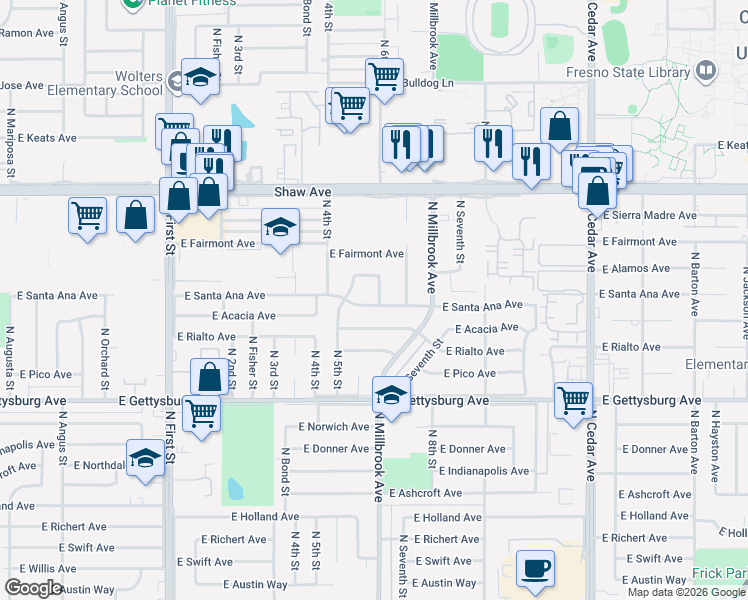 map of restaurants, bars, coffee shops, grocery stores, and more near 4854 North 6th Street in Fresno