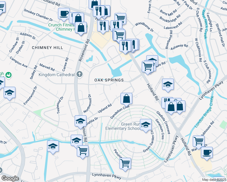 map of restaurants, bars, coffee shops, grocery stores, and more near 901 Larkhaven Lane in Virginia Beach