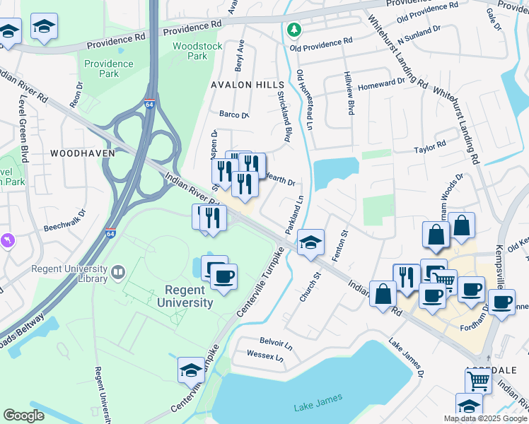map of restaurants, bars, coffee shops, grocery stores, and more near 5653 Hearth Circle in Virginia Beach