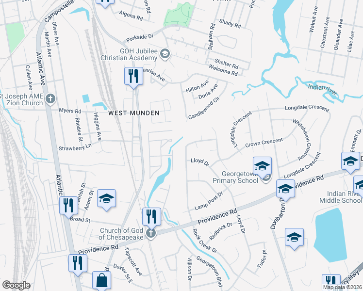 map of restaurants, bars, coffee shops, grocery stores, and more near 2522 Rock Creek Drive in Chesapeake