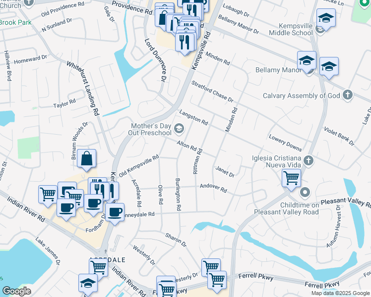 map of restaurants, bars, coffee shops, grocery stores, and more near 1100 Burlington Road in Virginia Beach