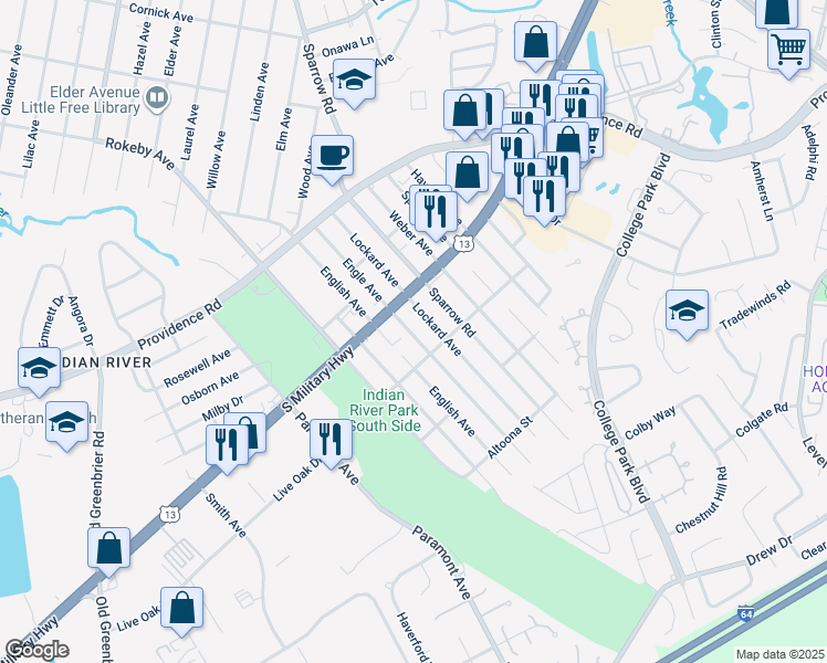 map of restaurants, bars, coffee shops, grocery stores, and more near 1920 Engle Avenue in Chesapeake