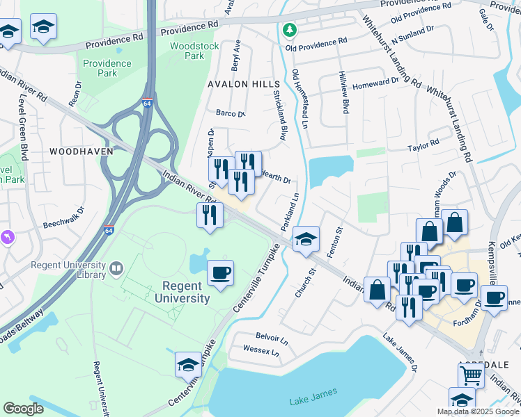 map of restaurants, bars, coffee shops, grocery stores, and more near 5653 Hearth Circle in Virginia Beach