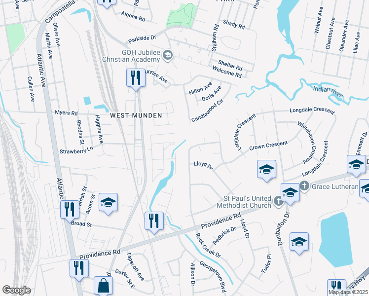 map of restaurants, bars, coffee shops, grocery stores, and more near 2520 Rock Creek Drive in Chesapeake