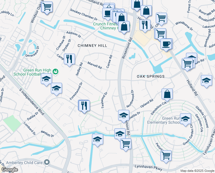 map of restaurants, bars, coffee shops, grocery stores, and more near 1016 Tealwood Drive in Virginia Beach