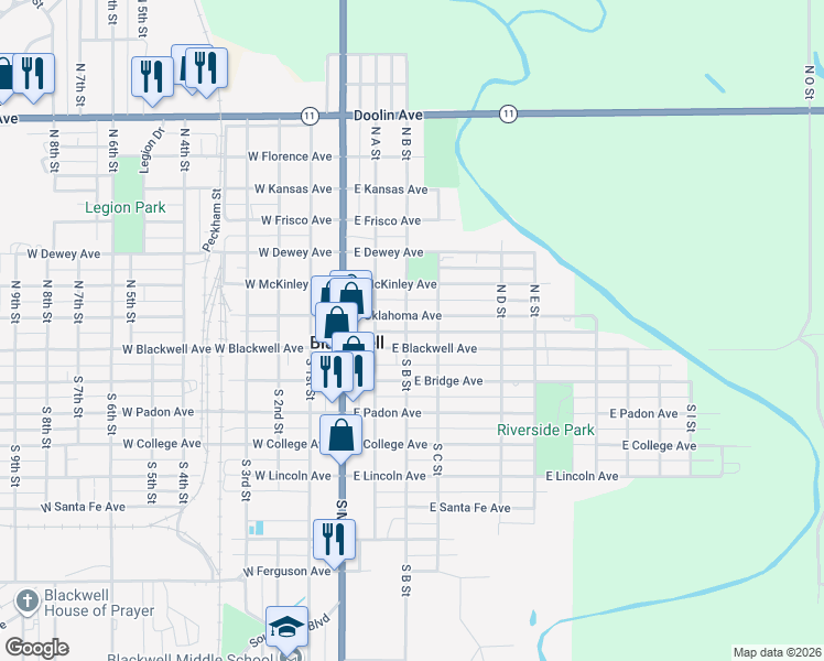 map of restaurants, bars, coffee shops, grocery stores, and more near 212 East Oklahoma Avenue in Blackwell