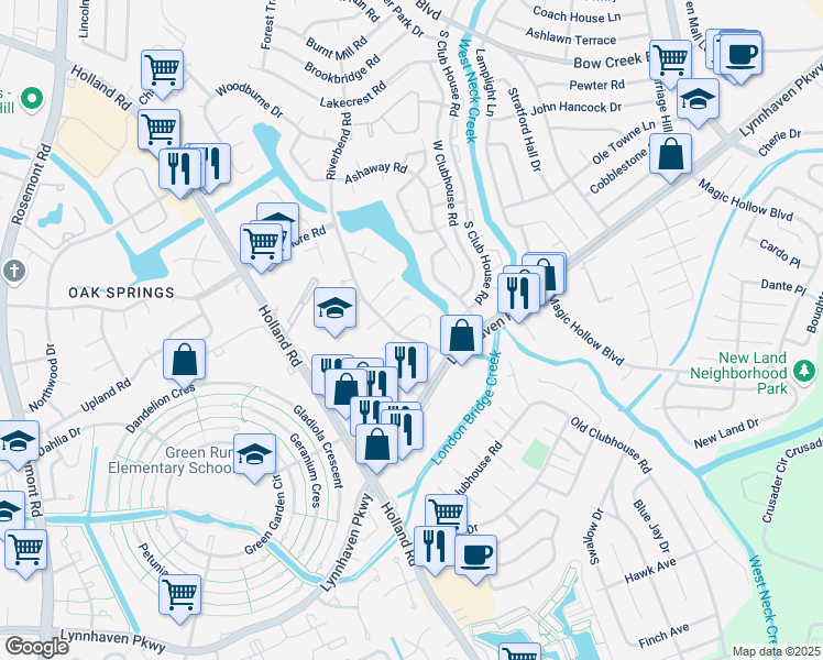 map of restaurants, bars, coffee shops, grocery stores, and more near 3261 Sugar Creek Drive in Virginia Beach