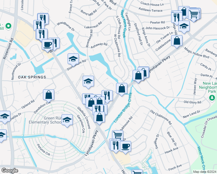 map of restaurants, bars, coffee shops, grocery stores, and more near 3261 Sugar Creek Drive in Virginia Beach