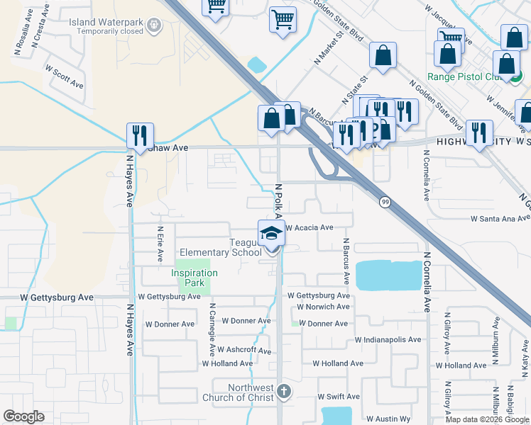 map of restaurants, bars, coffee shops, grocery stores, and more near 4781 North Polk Avenue in Fresno