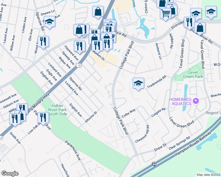 map of restaurants, bars, coffee shops, grocery stores, and more near 6411 Duquesne Place in Virginia Beach