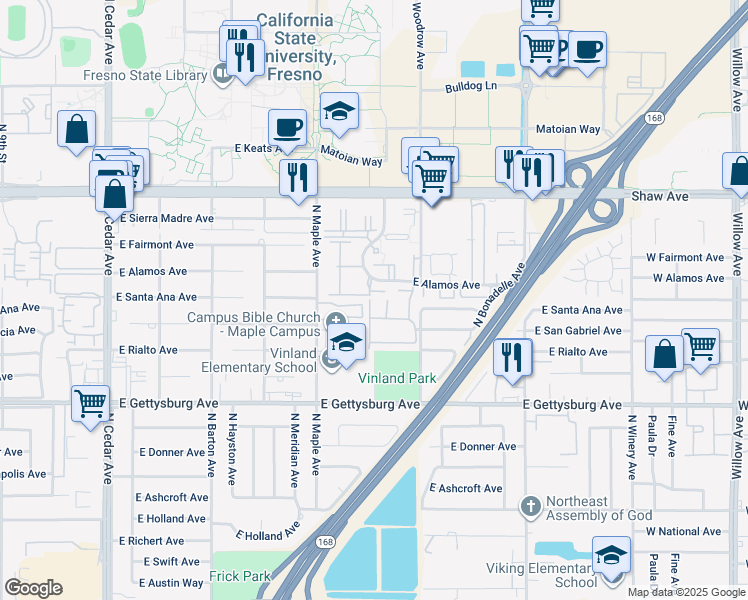 map of restaurants, bars, coffee shops, grocery stores, and more near 4757 North Woodrow Avenue in Fresno