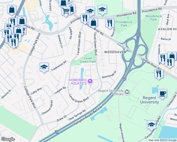 map of restaurants, bars, coffee shops, grocery stores, and more near 5963 Edgelake Drive in Virginia Beach