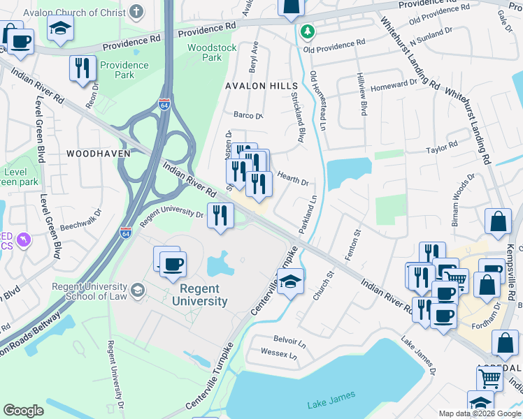 map of restaurants, bars, coffee shops, grocery stores, and more near 5656 Indian River Rd in Virginia Beach