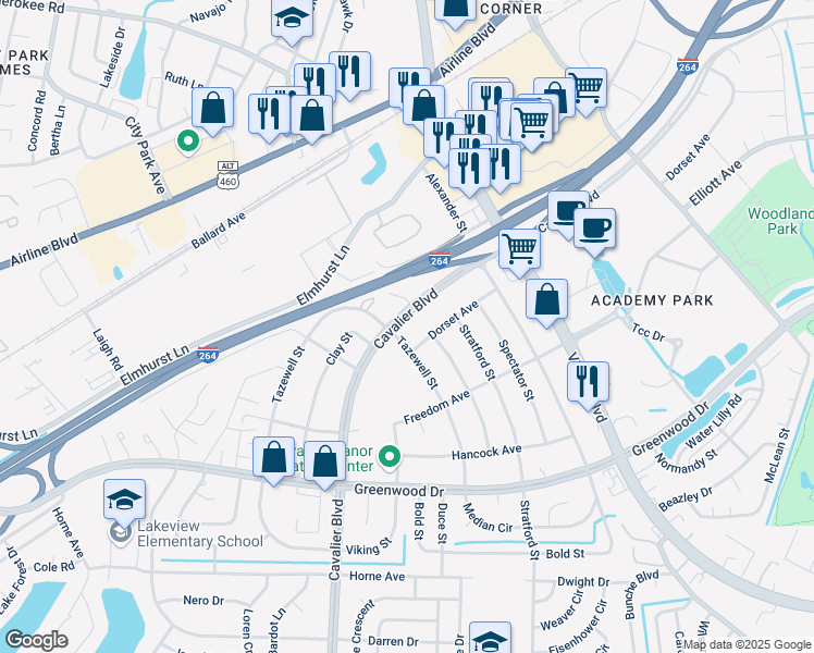 map of restaurants, bars, coffee shops, grocery stores, and more near 810 Cavalier Boulevard in Portsmouth