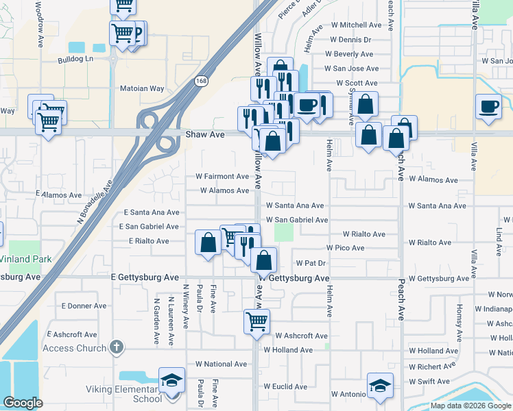 map of restaurants, bars, coffee shops, grocery stores, and more near Willow Avenue & West Santa Ana Avenue in Clovis