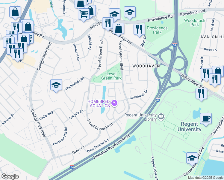 map of restaurants, bars, coffee shops, grocery stores, and more near 5963 Edgelake Drive in Virginia Beach
