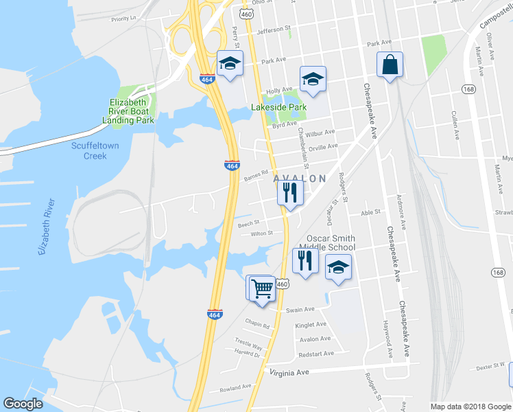 map of restaurants, bars, coffee shops, grocery stores, and more near 624 Post Avenue in Chesapeake