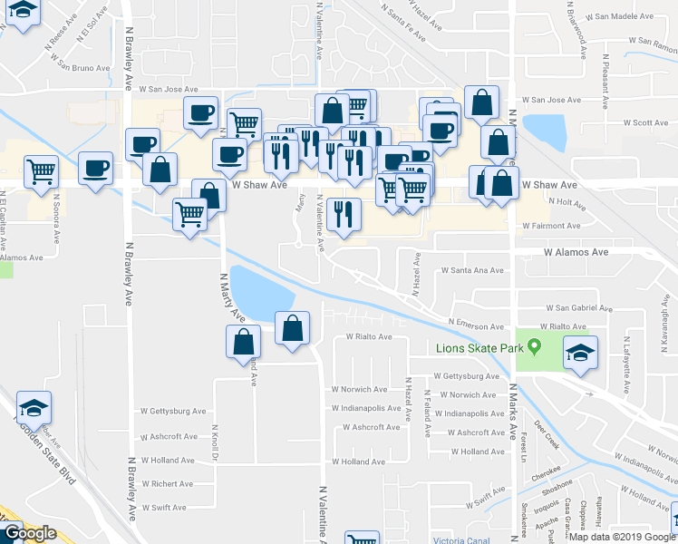 map of restaurants, bars, coffee shops, grocery stores, and more near 4660 North Emerson Avenue in Fresno