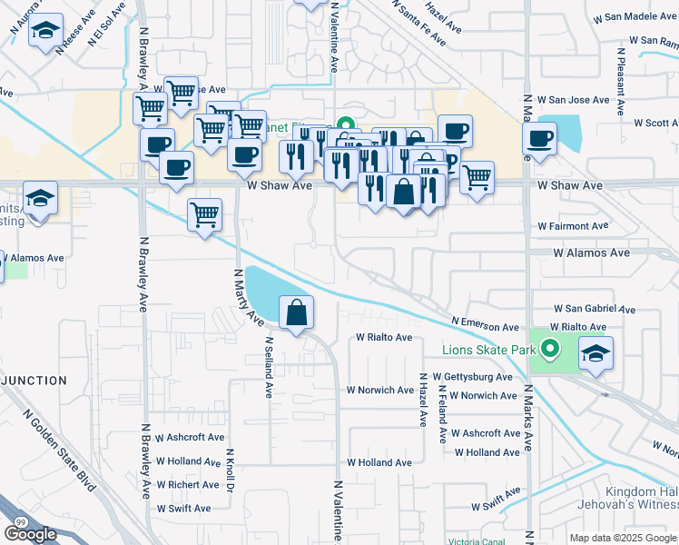 map of restaurants, bars, coffee shops, grocery stores, and more near 4660 North Emerson Avenue in Fresno
