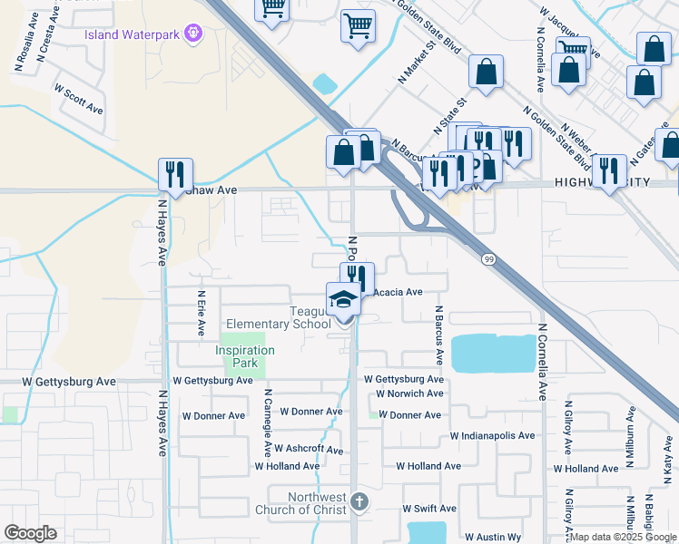map of restaurants, bars, coffee shops, grocery stores, and more near 4781 North Polk Avenue in Fresno