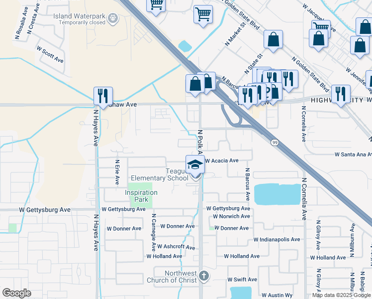 map of restaurants, bars, coffee shops, grocery stores, and more near 4781 North Polk Avenue in Fresno