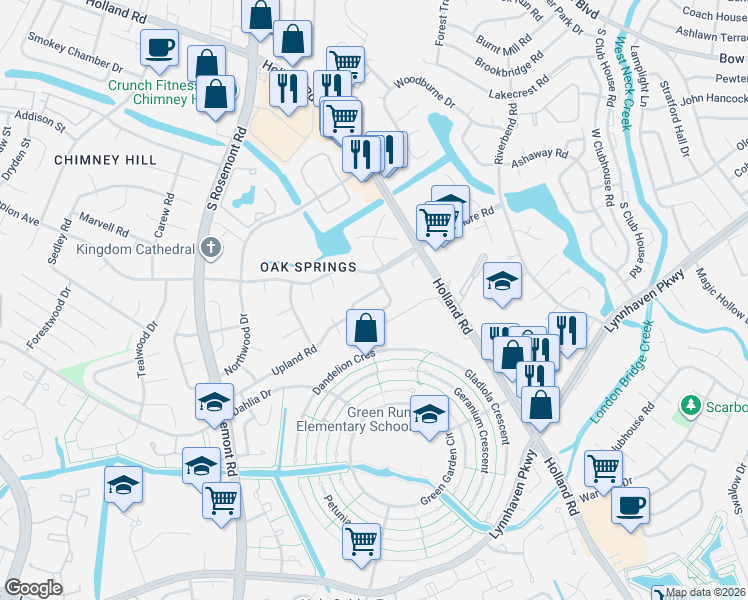 map of restaurants, bars, coffee shops, grocery stores, and more near 920 Silvertree Court in Virginia Beach