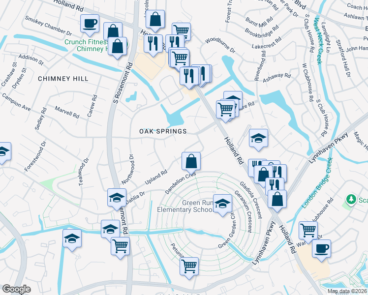 map of restaurants, bars, coffee shops, grocery stores, and more near 920 Silvertree Court in Virginia Beach