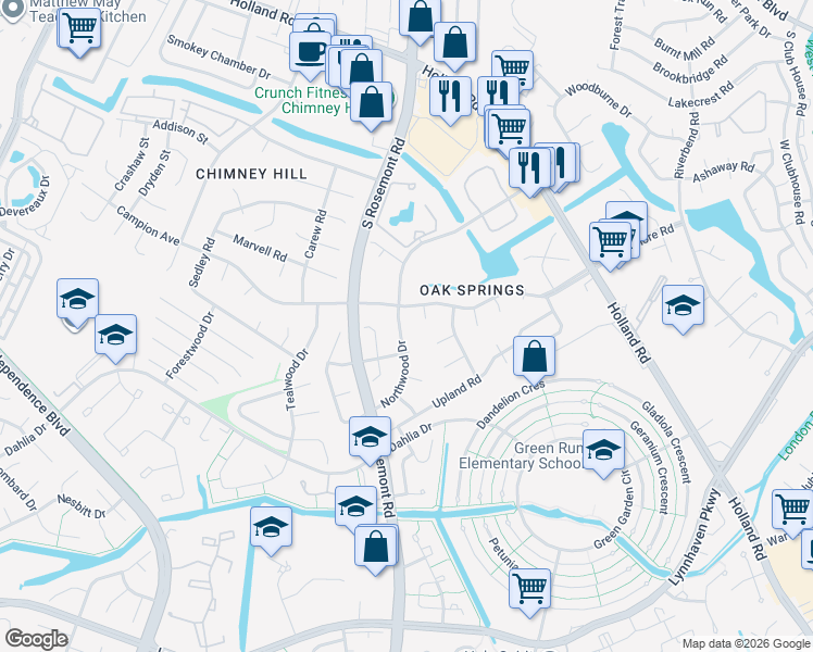 map of restaurants, bars, coffee shops, grocery stores, and more near 901 Shady Hollow Lane in Virginia Beach
