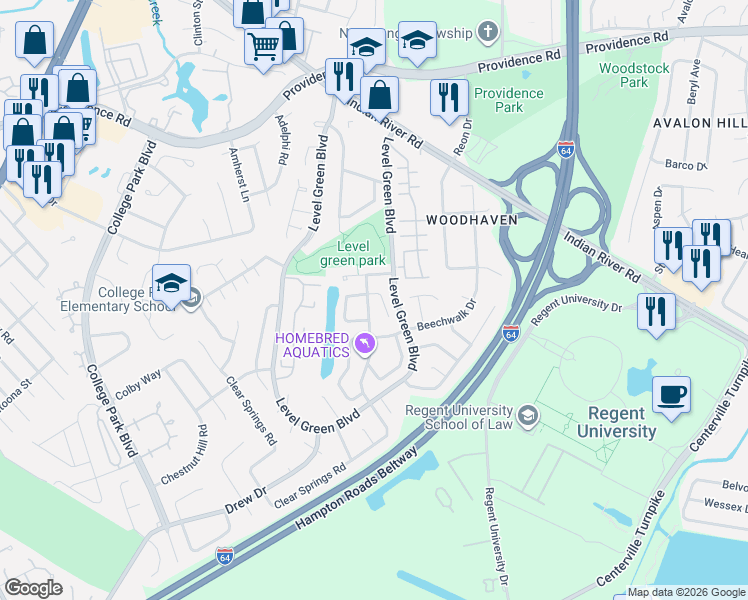 map of restaurants, bars, coffee shops, grocery stores, and more near 5917 Clear Springs Court in Virginia Beach
