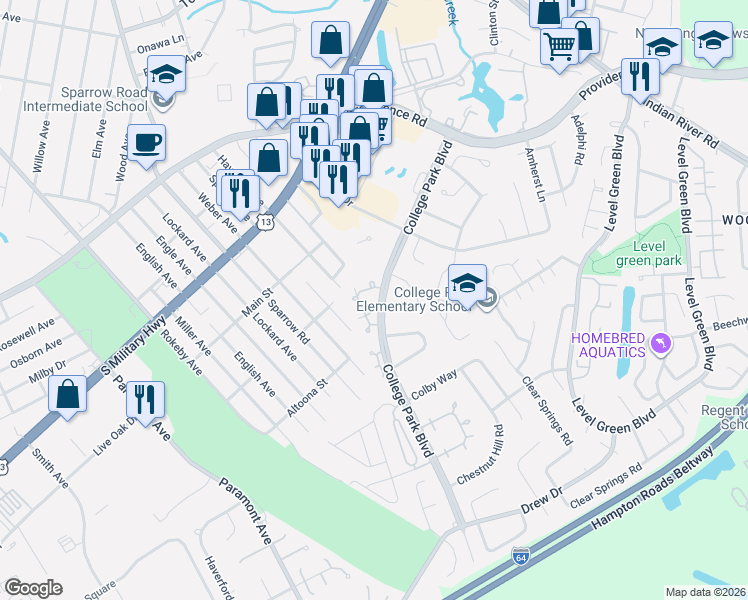 map of restaurants, bars, coffee shops, grocery stores, and more near 6418 Duquesne Place in Virginia Beach