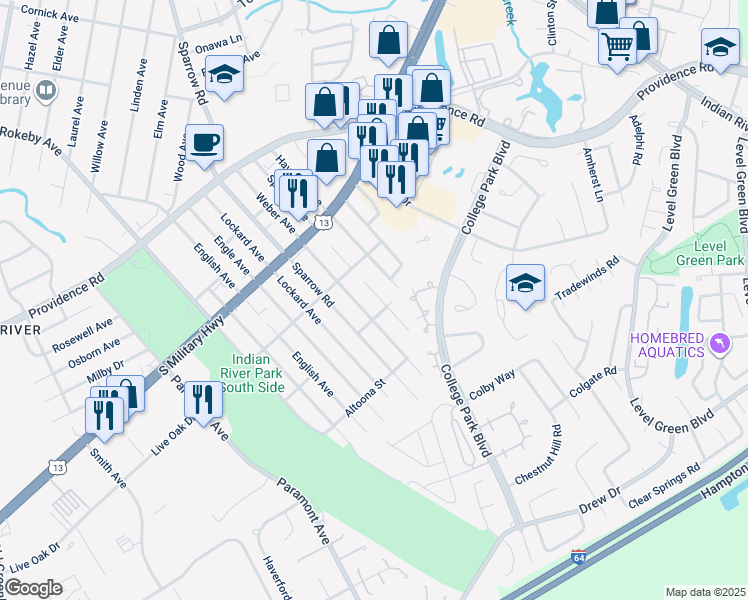 map of restaurants, bars, coffee shops, grocery stores, and more near 107 Hayward Avenue in Chesapeake