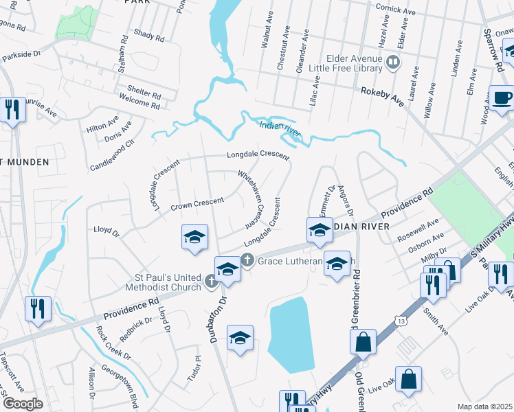 map of restaurants, bars, coffee shops, grocery stores, and more near 548 Whitehaven Crescent in Chesapeake
