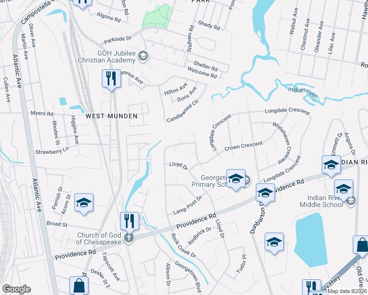 map of restaurants, bars, coffee shops, grocery stores, and more near 2540 Rock Creek Drive in Chesapeake