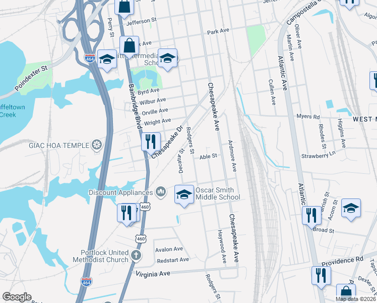 map of restaurants, bars, coffee shops, grocery stores, and more near 2103 Rodgers Street in Chesapeake