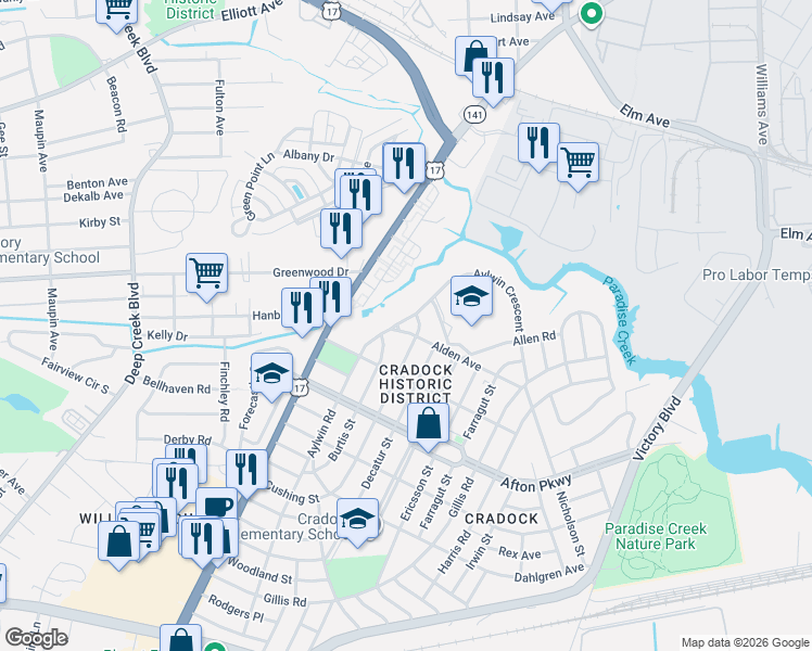 map of restaurants, bars, coffee shops, grocery stores, and more near 13 Aylwin Road in Portsmouth