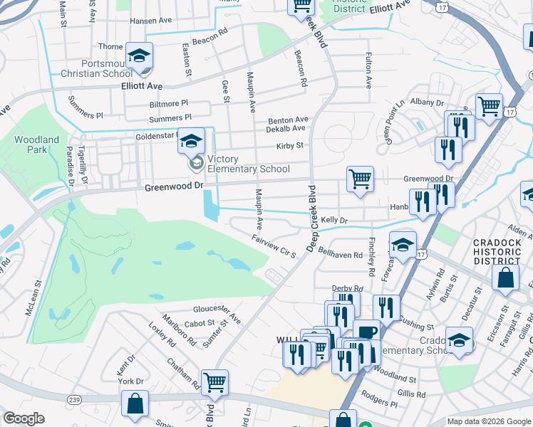 map of restaurants, bars, coffee shops, grocery stores, and more near 2639 Barclay Avenue in Portsmouth