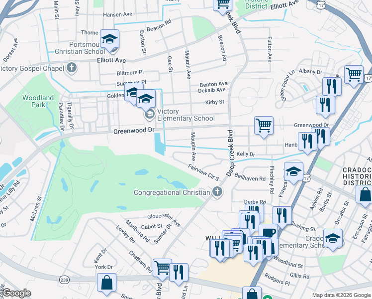 map of restaurants, bars, coffee shops, grocery stores, and more near 2711 Barclay Avenue in Portsmouth