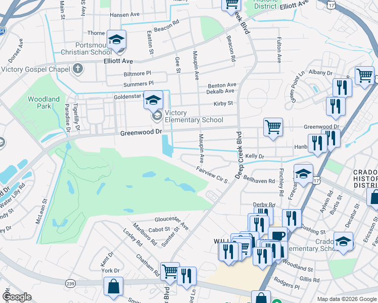 map of restaurants, bars, coffee shops, grocery stores, and more near 2711 Barclay Avenue in Portsmouth