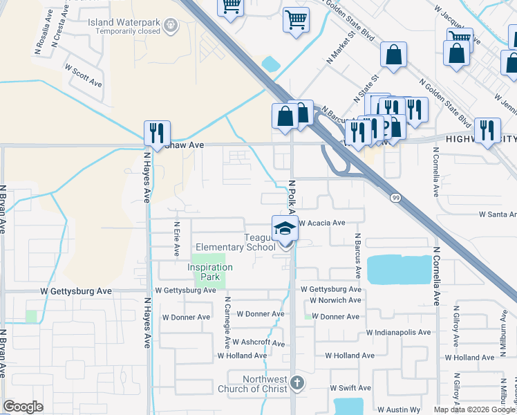 map of restaurants, bars, coffee shops, grocery stores, and more near 4781 North Polk Avenue in Fresno